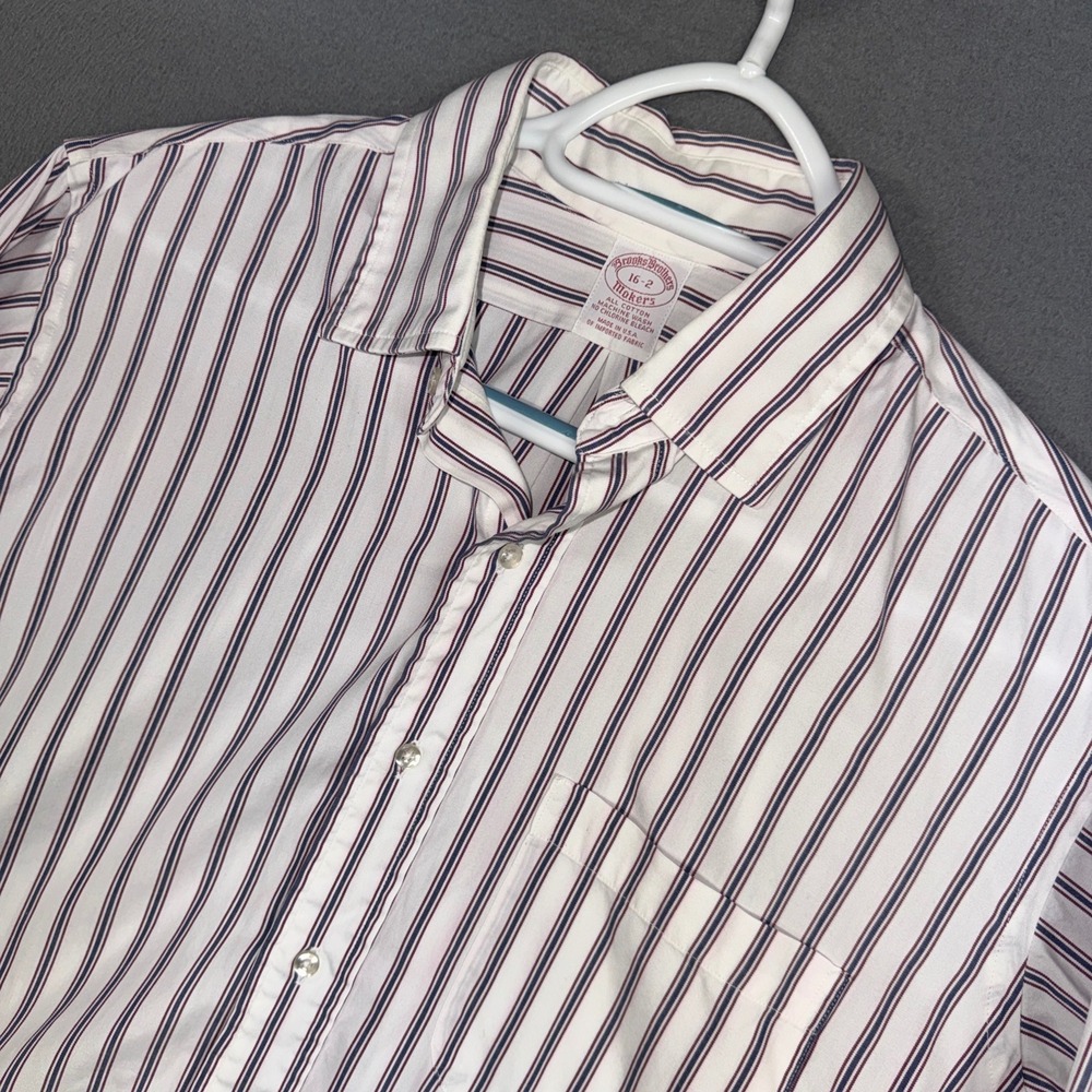 Brooks Brothers Shirt Mens 16-2 White Red Navy Striped Makers USA Cotton Dress